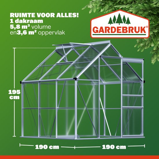 Grote glazen kas met aluminium frame, 195 cm hoog, 190 cm breed. Met dakraam.