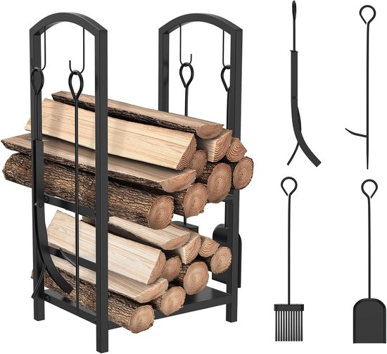 TRMLBE Brandhoutrek voor binnen, 44,5 x 37,5 x 40 cm, halfrond, brandhoutrek voor buiten, brandhoutrek voor houtstapelhulp, zwart
