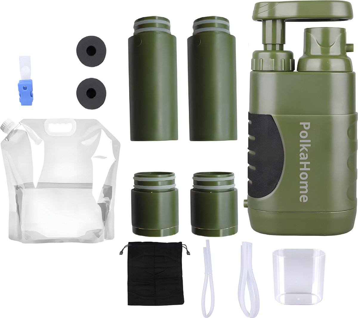 PolkaHome Waterfilter Survival Filtert 15000L - Waterfilter Outdoor - Waterzuiveringsapparaat - Waterzuivering - Survival Kit, water filter, waterfilters noodpakket ( INCLUSIEF 2 RESERVE VERVANGINGSFILTER en een opvuwbare 5L waterzak) Filtert 15000L