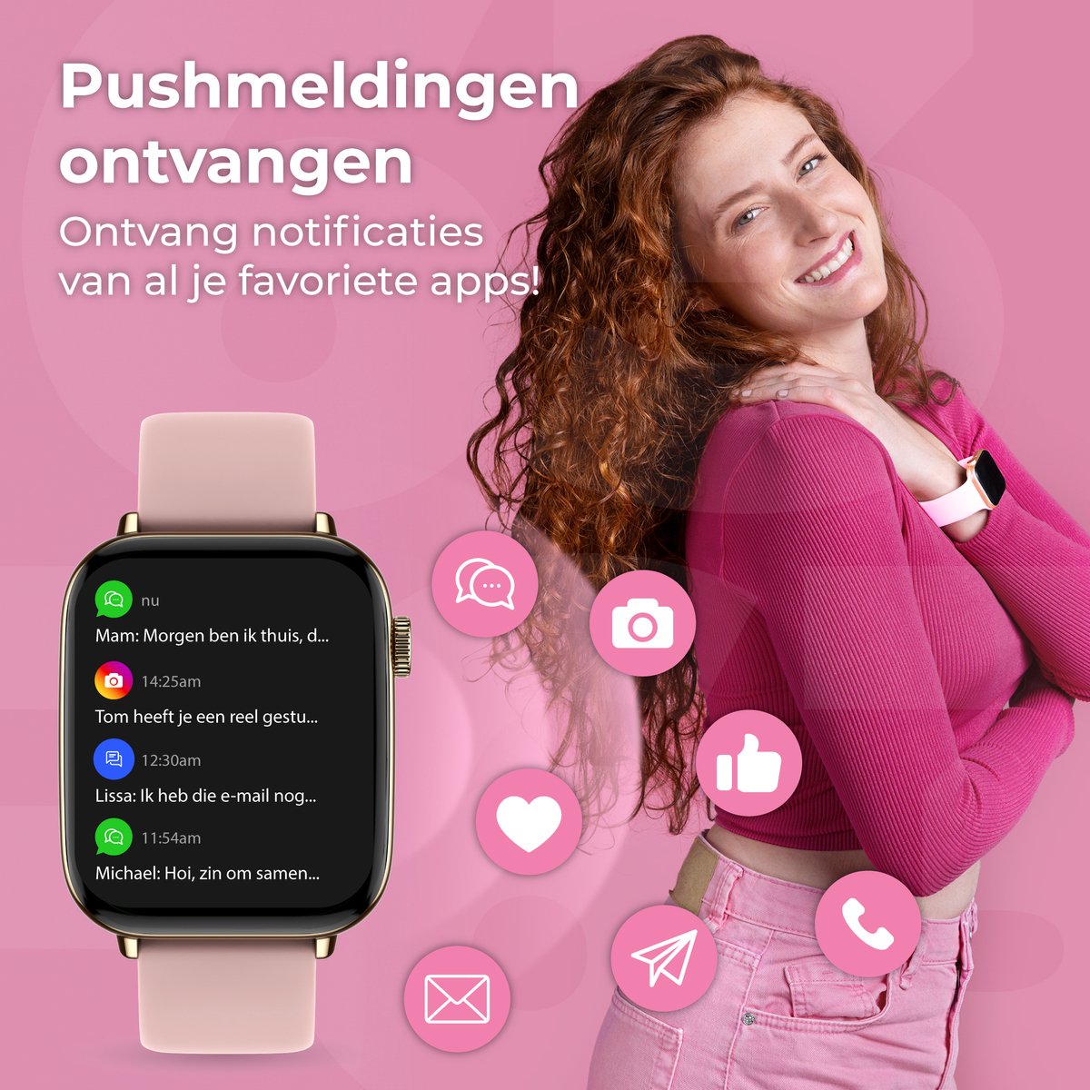 Afbeelding 2 van Nuvance Smartwatch Roze Goud IP68 Waterdicht met Bluetooth