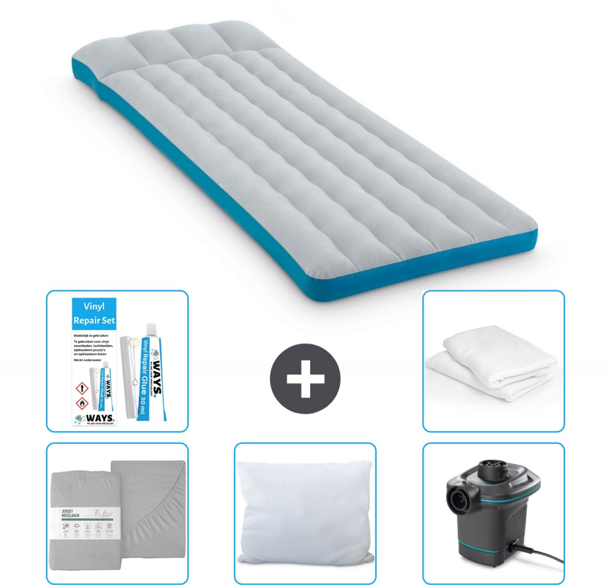 Intex Campingmat - Twijfelaar - 72 x 189 x 20 cm - Blauw - Inclusief Hoeslaken - Kussen - Pomp - Reparatieset en Kussenbeschermer