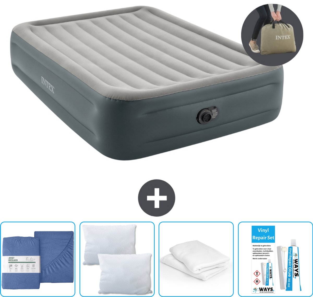 Intex Luchtbed - 2-Persoons - 152 x 203 x 46 cm - Grijs - Inclusief pomp - Hoeslaken - Kussen - Reparatieset en Kussenbeschermer