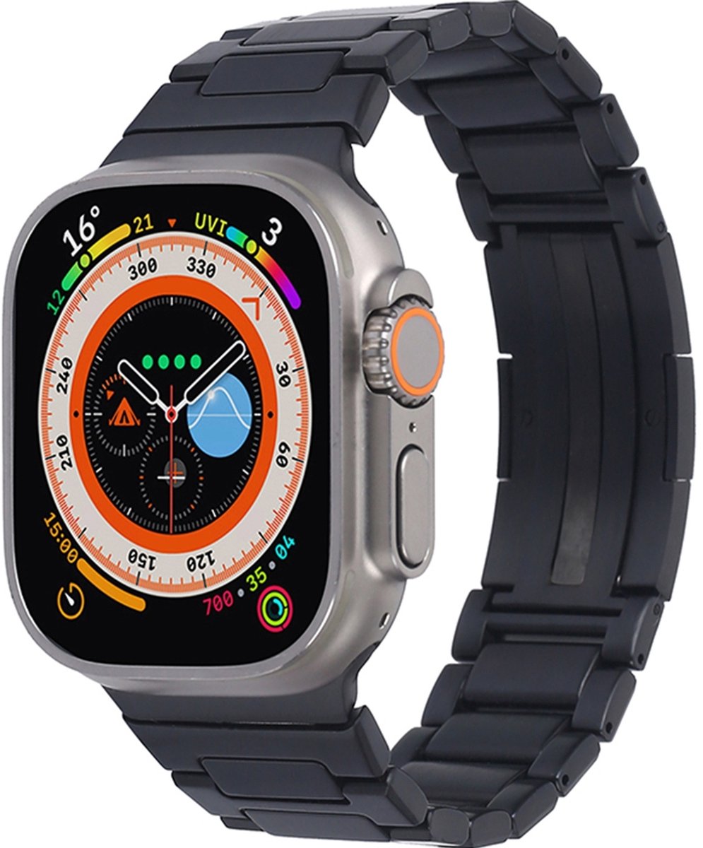 Mobigear Stalen Watch bandje geschikt voor Apple Watch Bandje Vouwsluiting | Mobigear Berlin - 49/46/45/44 mm - Zwart