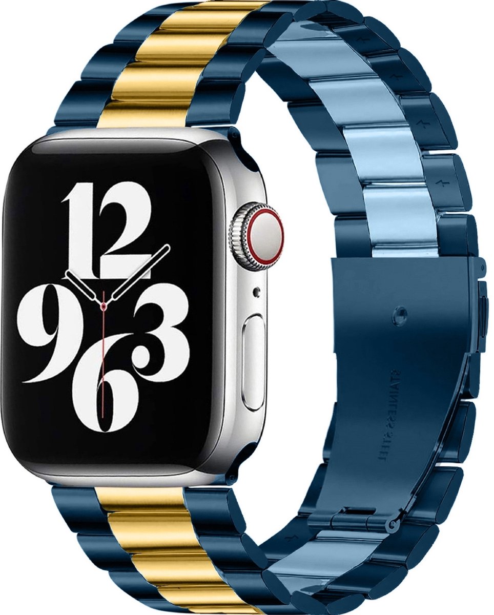 Mobigear Stalen Watch bandje geschikt voor Apple Watch Bandje Vouwsluiting | Mobigear Antwerp - 42/41/40/38 mm - Blauw / Goud