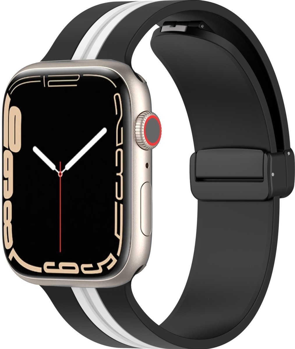 Mobigear Siliconen Watch bandje geschikt voor Apple Watch Bandje Magneetsluiting | Mobigear Stripe Mag - 49/46/45/44 mm - Zwart / Wit