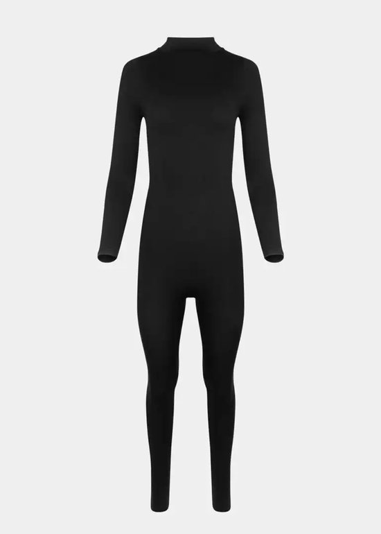 Zwarte jumpsuit met lange mouwen, op een grijze achtergrond.