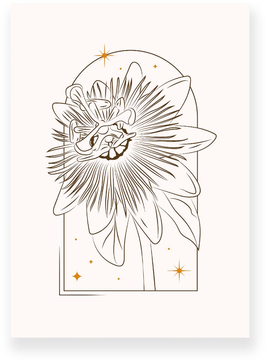 Yisual Aluminium plaat 30x40 cm - Poster - Passiebloem - Lijntekening - Goud - Beige - Minimalistisch - Botanisch - Muurdecoratie - Wanddecoratie
