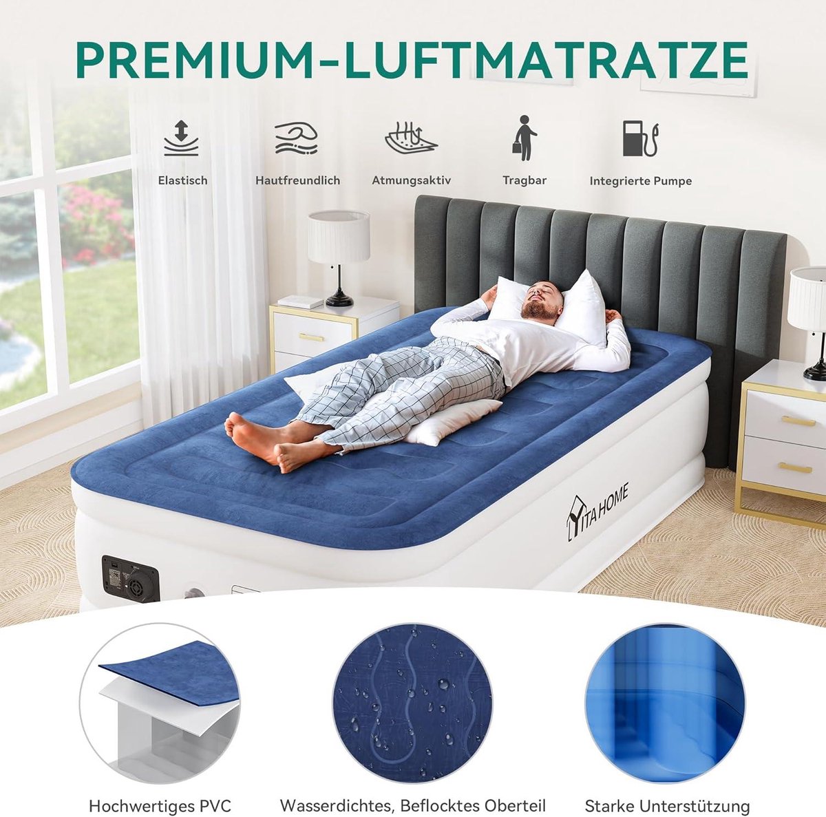 YITAHOME Matelas Auto-Gonflant Simple Avec Pompe Électrique Intégrée - 191 X 99 X 46 Cm Gris