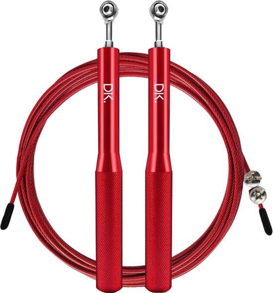 Rood springtouw met een stalen kabel en aluminium handvatten met DK. logo.