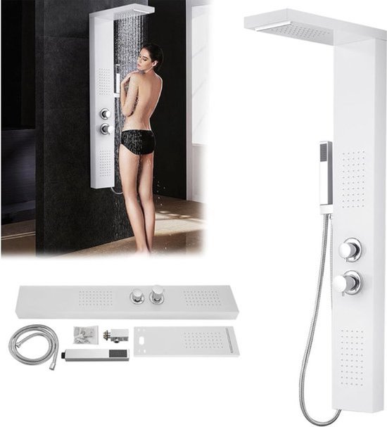 Wit douchepaneel in een donkere badkamer, met naastgelegen weergave van de componenten.