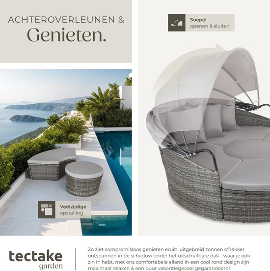 Grijze loungebank met zonnescherm en kussens, flexibel op te stellen bij een zwembad met uitzicht op zee. Soepel te openen/sluiten.