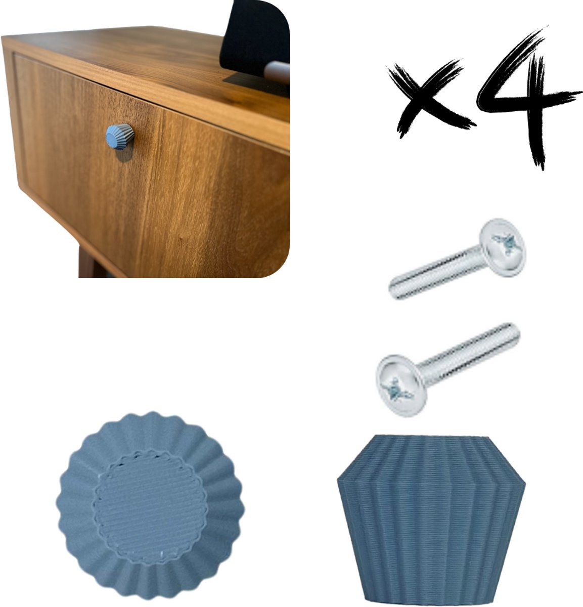Home 3D® - Kastknop Blauw - Set van 4 - Deurknoppen voor Kasten - Incl. Bevestigingsmateriaal - Ontworpen en Gemaakt in Nederland