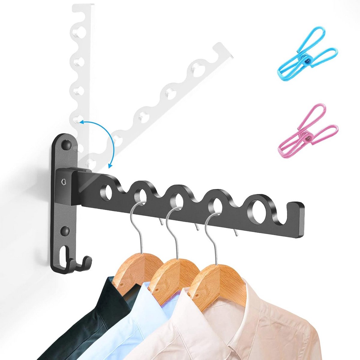 Goedkoopste Vouwbaar Kledingrek Wandmontage Ruimtebesparend Muur Hanger Airer Opknoping Rail Rod voor Wasserij Slaapkamer Badkamer (Zwart) - Inklapbaar - Organizer