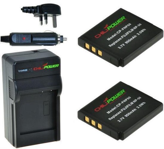 ChiliPower 2 x NP-50 accu's voor Fujifilm - Charger Kit + car-charger - UK versie
