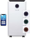 Witte luchtreiniger met een smartphone die de WiFi-verbinding toont, en drie cirkelvormige indicatoren in blauw, groen en rood.