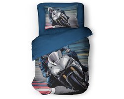 Eleganzzz Kinder Dekbedovertrek Speed King - Motor Dekbedovertrek - Blue - 140x200/220cm - Dekbedovertrek Kinderen - Micropercal - Eenpersoons
