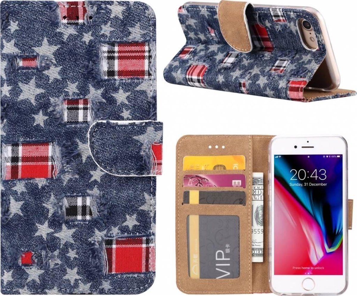 iPhone 6 / 6S Ster & Denim Design Booktype Kunstleer Hoesje Met Pasjesruimte