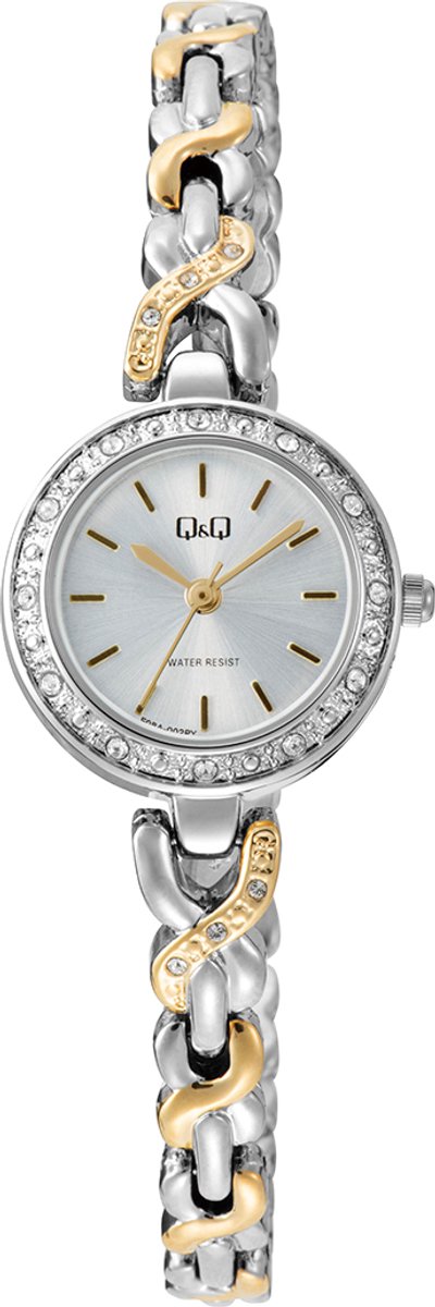 QQ F08A-002PY - Horloge - Polshorloge - Analoog - Dames - Vrouwen - Stalen band - Briljanten - Rond - Metaal - Cijfers - Streepje - Zilverkleurig - Goudkleurig