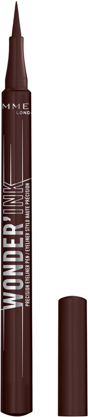 Bruine Rimmel Wonder Ink eyeliner pen, dop ernaast, met 'WONDER INK' en 'PRECISION EYELINER PEN / EYELINER STYLE MATE PRECISION' opdruk.