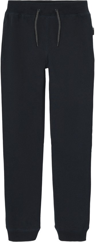 Donkerblauwe joggingbroek met grijze veters.