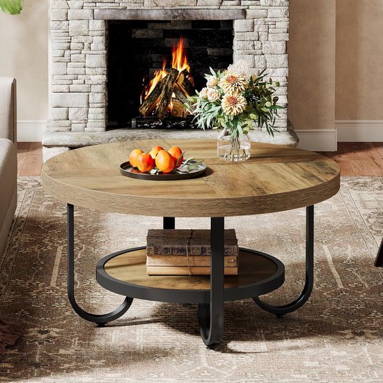 Tribesigns - Ronde Salontafel - Salontafel met Opbergplank - Bijzettafel Bruin - Tafel - Sidetable voor Woonkamer, Thuiskantoor - 80 x 80 x 45 cm
