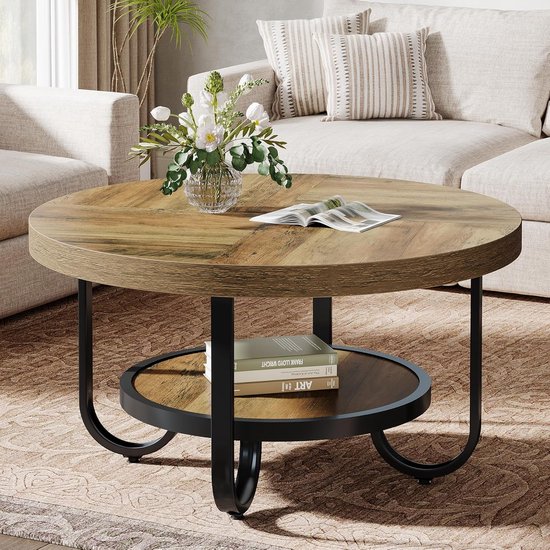 TRIBESIGNS - Table basse ronde - Table basse avec étagère de rangement - Table d'appoint marron - Table - Table d'appoint pour salon, bureau à domicile - 79 x 79 x 45 cm