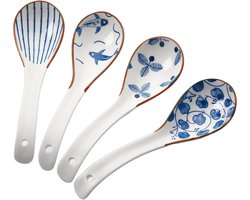 Somstyle Chinese Soeplepel Set - 4 Stuks - Keramische Ramen Lepel - 16 x 4.5 CM - Eetlepels - Blauw / Wit