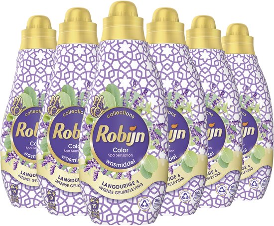 Zes flessen Robijn Spa Sensation wasmiddel met paars en witte patronen, lavendel en eucalyptus.