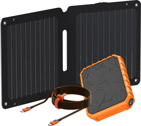 Xtorm SolarBooster 14W Paneel + Rugged 20W Powerbank 10.000 mAh + Xtreme USB-C naar USB-C PD Kabel – 1.5 meter – Oranje – Noodpakket