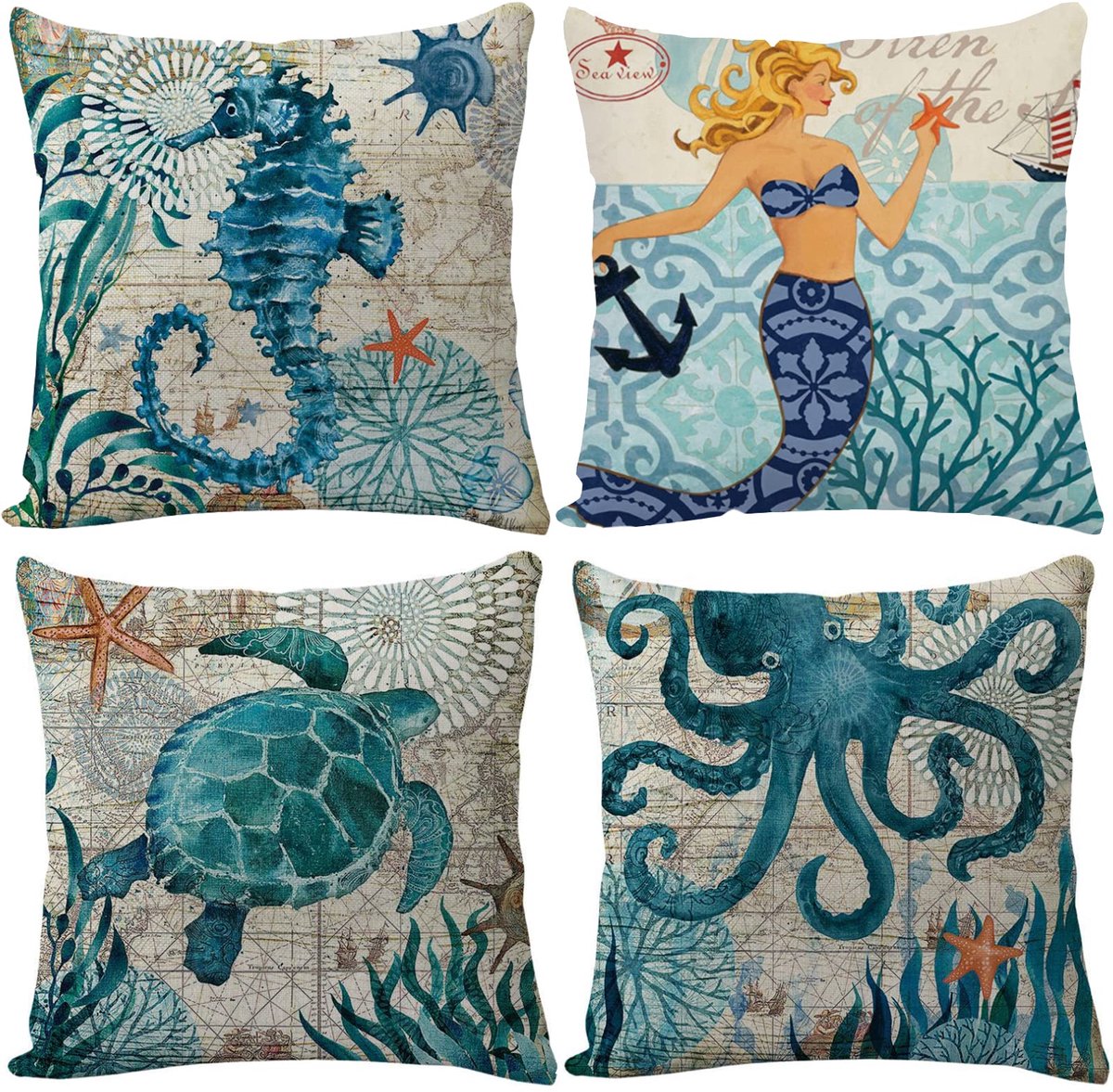 Ibenzoa Set van Vier Maritieme Kussenslopen voor Binnen- en Buitendecoratie, 45 x 45 cm, Katoen en Linnen groen