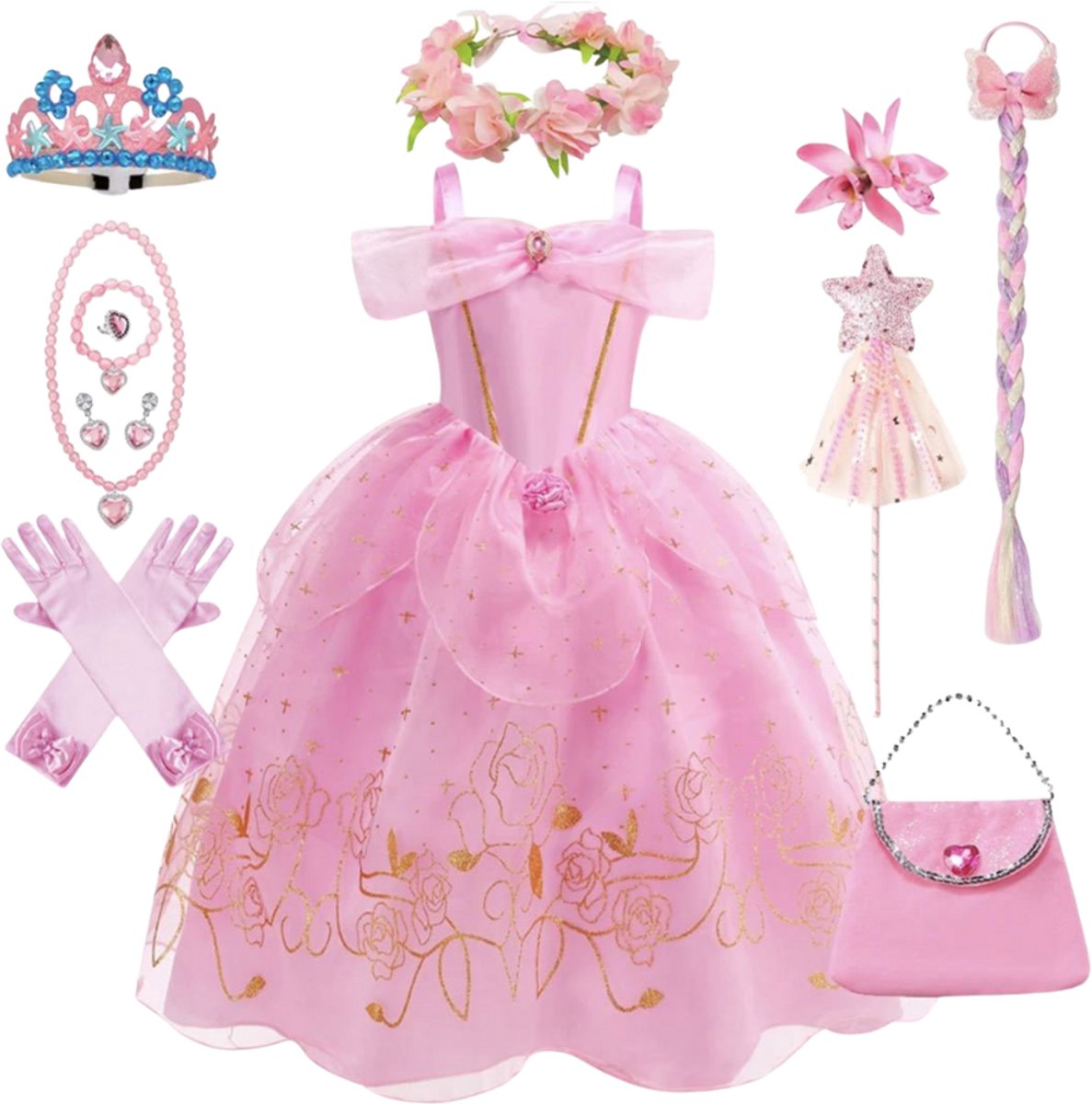 Joya Kids® Luxe Prinsessenjurk Lichtroze voor kinderen | Jurk met Glans & Tule | 11-delige Verkleedset met Accessoires | Verkleedjurk Meisje Tule Rok | Halloween kostuum | Carnaval kleding | Prinses kostuum Jurk | Maat 110 — afbeelding 2