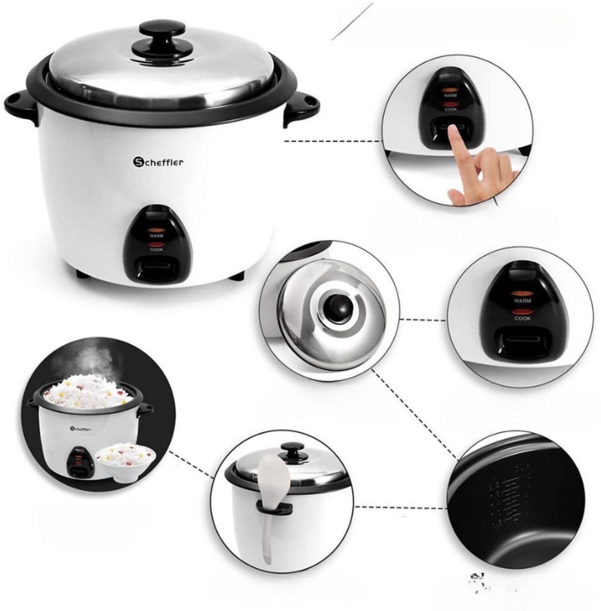 Scheffler Rijstkoker 1.5L – Kleine Multicooker met Warmhoudfunctie – Antiaanbaklaag – Inclusief Rijstlepel & Maatbeker – RVS Deksel – 500W – foto 6