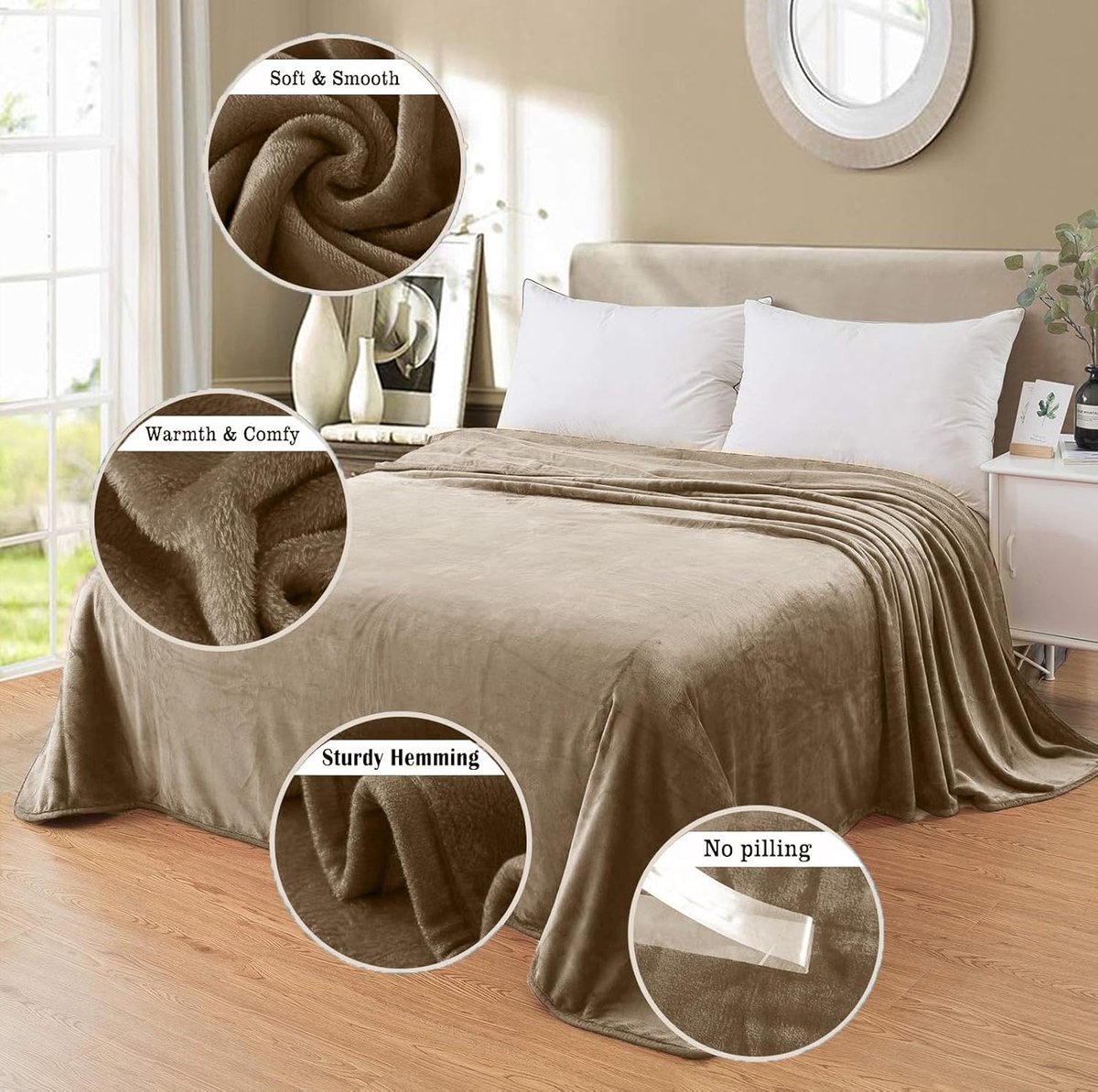 Famanu - Plaid Dikke Fleece Deken 220x240 cm Lichtbruin Zacht en Warm Dubbele Beddeken en Flanellen Sofa Throw Dubbelzijdig Omkeerbaar