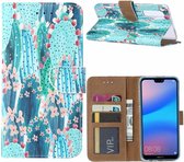 Ntech Huawei P30 Cactus & Bloemen Boek hoesje met Pasjesruimte