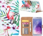 Samsung Galaxy J4 (2018) Tropische Flamingo Design Booktype Kunstleer Hoesje Met Pasjesruimte