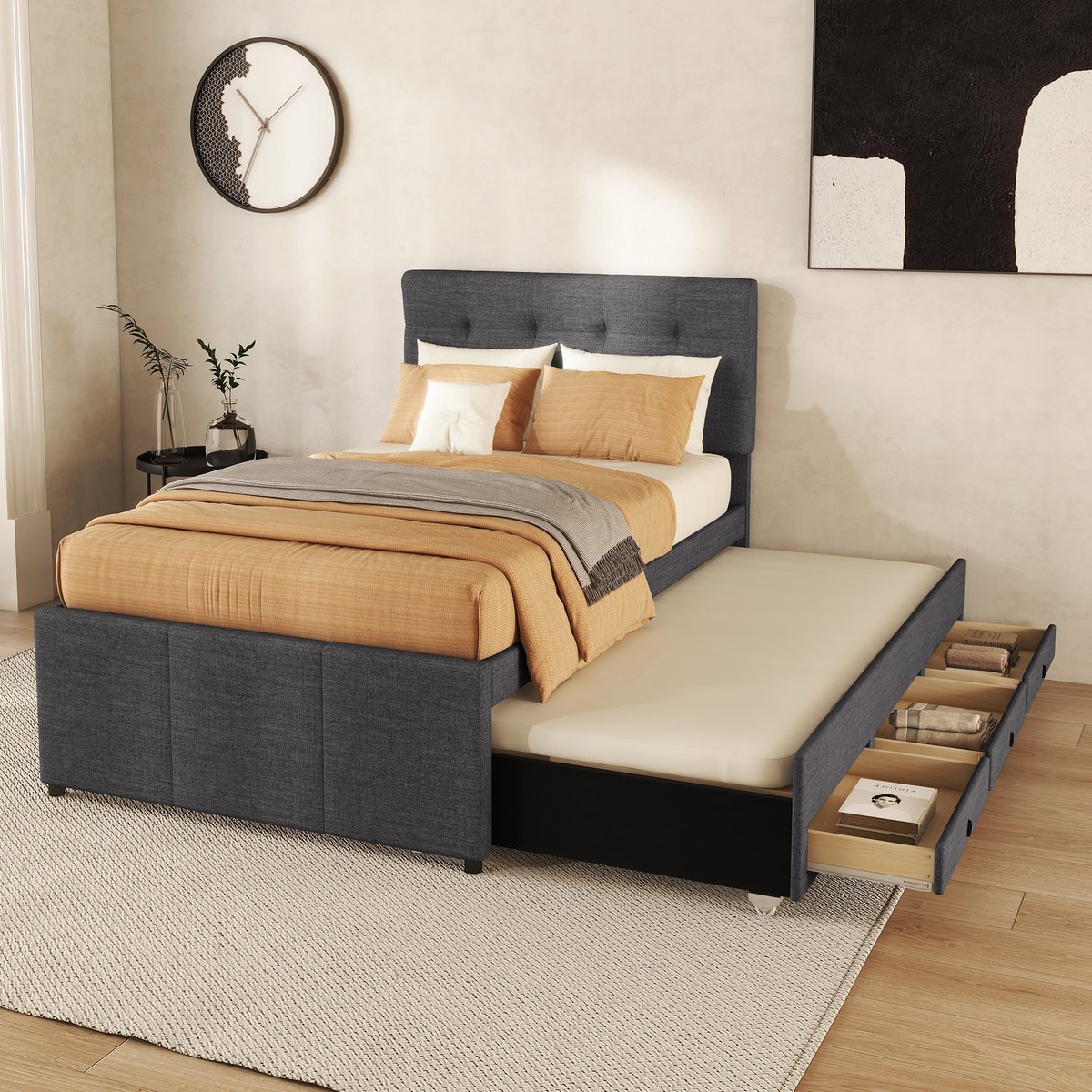 Gestoffeerd bed - 90x200cm(90x190cm) - Familiebed met drie lades - Uitschuifbaar opklapbed - Verstelbaar hoofdeinde - Zonder matras - Grijs