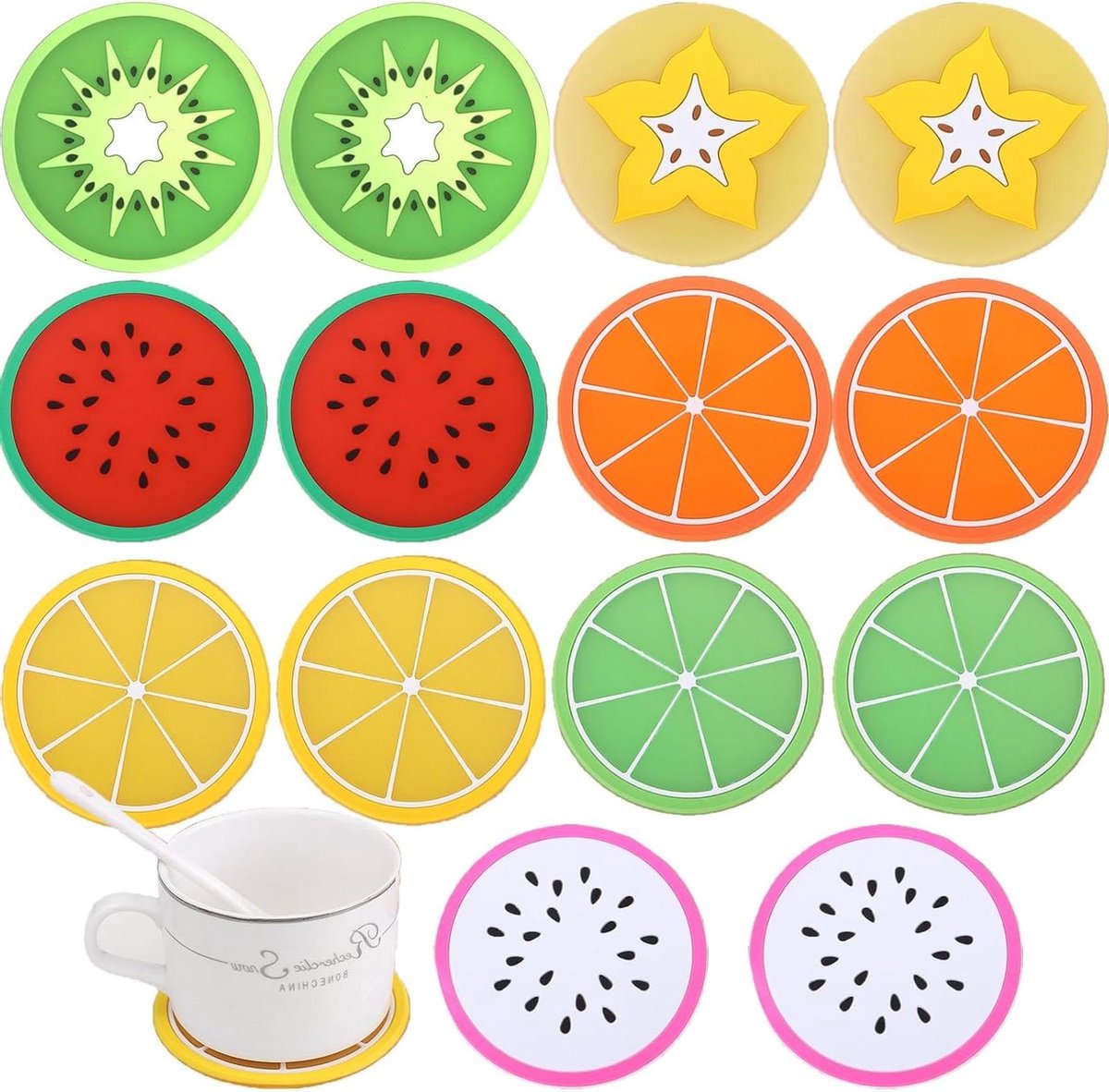 Rubberen Fruitonderzetters - Citroen - Set van 14 Stuks | Antislip Drankonderzetters | Geïsoleerde Warmte Decoratie voor Kopjes, Tafel, Bar en Glazen