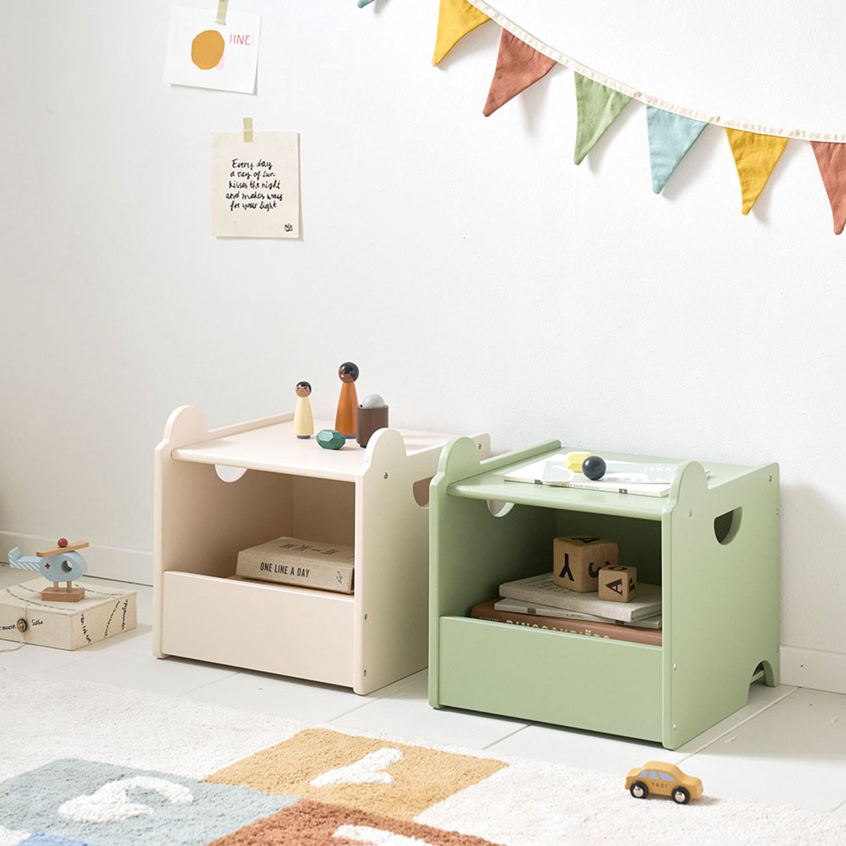 Petite Amélie Set van 2 stapelbare houten speelgoedkisten Arc-en-Ciel - Groen en Beige