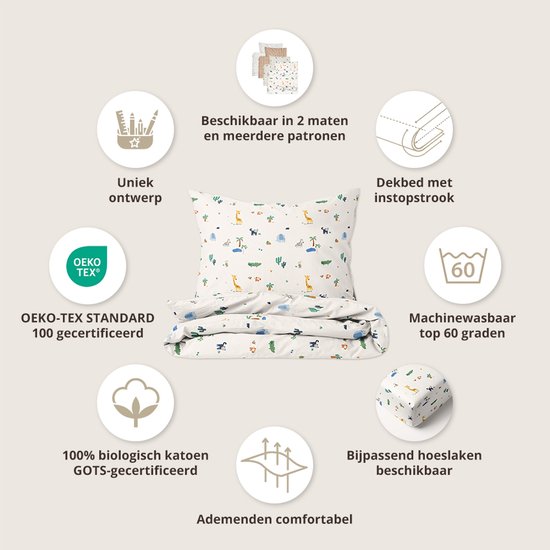 Dekbedovertrek 140x200cm met safari dierenprint, van 100% biologisch katoen.