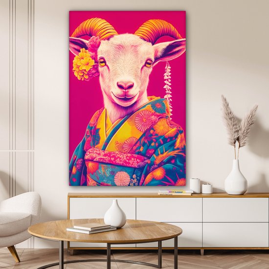Tableau sur toile 80x120 cm - Décoration murale exclusive Chèvre - Cornes - Kimono - Coloré - Décoration murale salon - Décoration chambre - Accessoires de décoration - Peintures sur toile