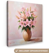 Canvas schilderij 90x90 cm - Exclusieve wanddecoratie Vaas - Bloemen - Roze - Muurdecoratie woonkamer - Slaapkamer decoratie - Kamer accessoires - Schilderijen op canvas