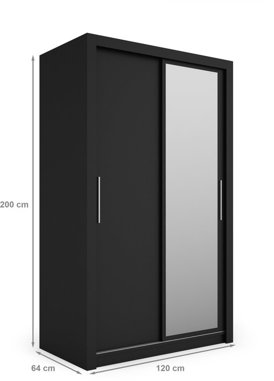 Promeubels - Armoire Miami - 120 cm - Zwart mat - avec miroir - Porte coulissante - Meuble de rangement