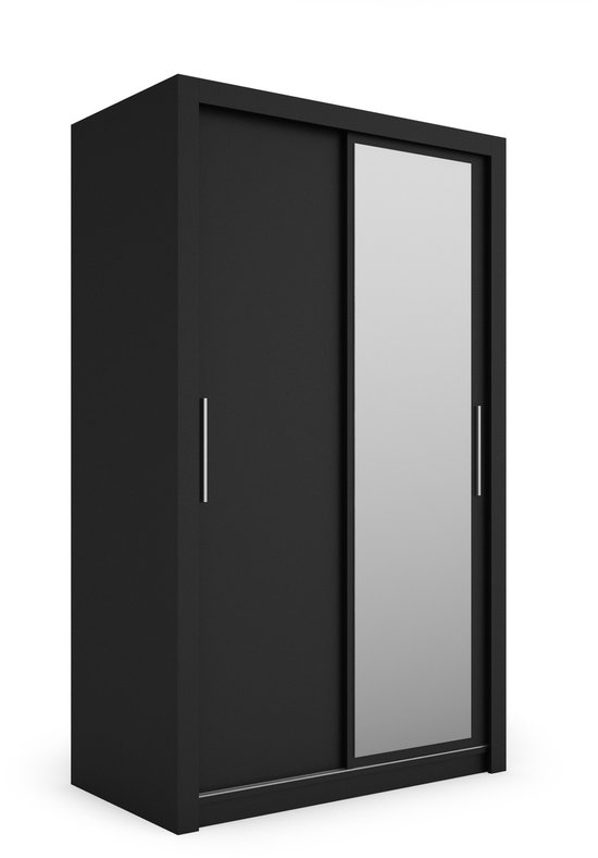 Promeubels - Armoire Miami - 120 cm - Zwart mat - avec miroir - Porte coulissante - Meuble de rangement