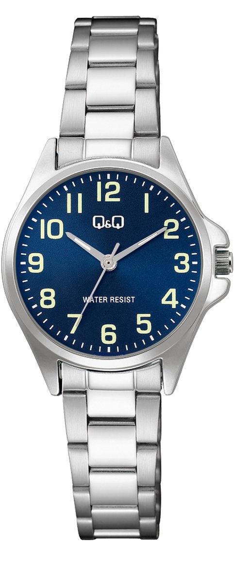 QQ C37A-001PY - Horloge - Polshorloge - Analoog - Dames - Vrouwen - Stalen band - Rond - Metaal - Cijfers - Zilverkleurig - DonkerBlauw - LichtGroen