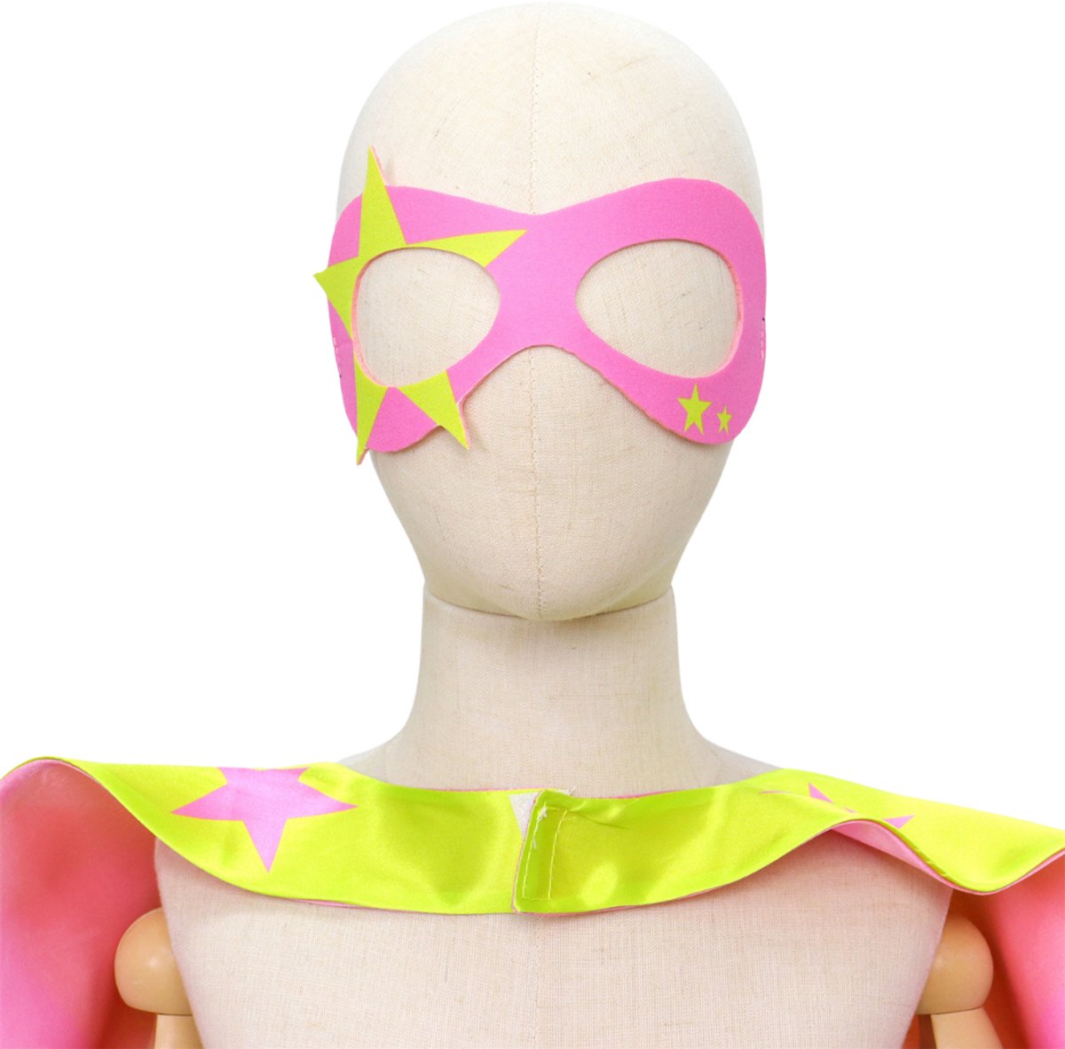 Joya Kids® Verkleedset Meisje | Superheldin Cape Masker Armbanden | Roze met Gele Sterren | Verkleedkleding Kinderen | Carnaval & Rollenspel | Superheld Ster | Verkleedkleding 3-delig | Roze en Geel — afbeelding 7