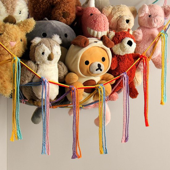 Geweven speelgoedopbergnet - Pluche speelgoedhoekopbergnet - Hoekdriehoek speelgoednet - Perfect voor babykamers en kinderkamers - Regenboogkleuren — afbeelding 3