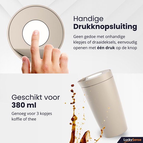 Tasse isotherme de voyage - Tasse à café à emporter - 380 ml - Tasse à thé - Étanche - Double paroi - Acier inoxydable - Taupe