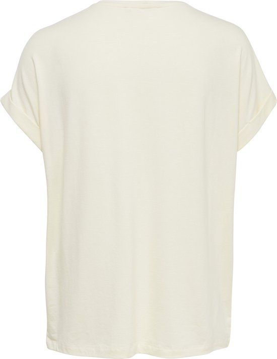 Crèmekleurig T-shirt met korte, opgerolde mouwen en een ronde hals, van achteren gezien.