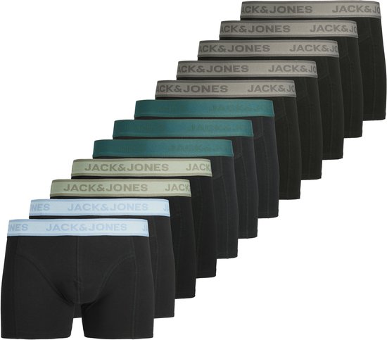 12-pack zwarte trunks met diverse gekleurde taillebanden met Jack & Jones logo: lichtblauw, groen, grijs.