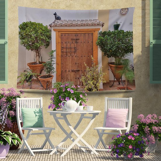 Ulticool - Deur Planten Kat - Wandkleed Poster - 200x150 cm - Groot wandtapijt - Tuinposter Tapestry - Schilderij Decoratie Tuin Versiering Accessoire voor zowel buiten als Muurdecoratie in woonkamer